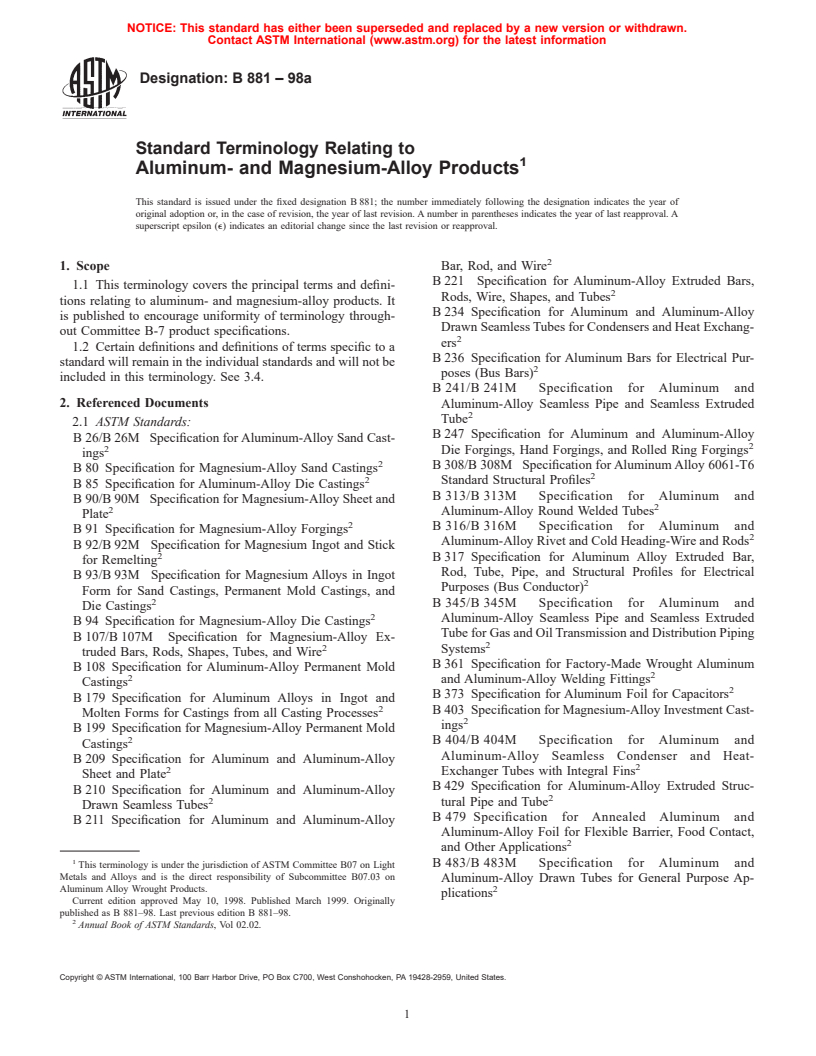 ASTM B881-98a - Standard Terminology Relating to Aluminum- and Magnesium- Alloy Products