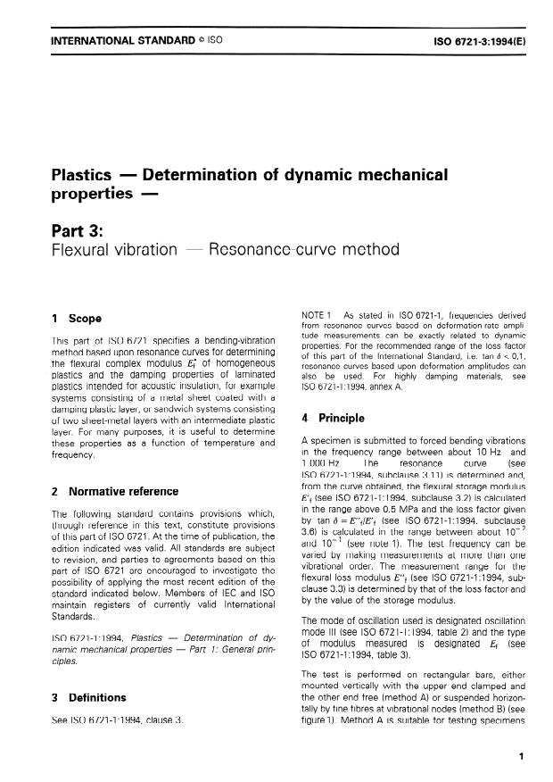 ISO 6721-3:1994 - Plastics -- Determination of dynamic mechanical properties