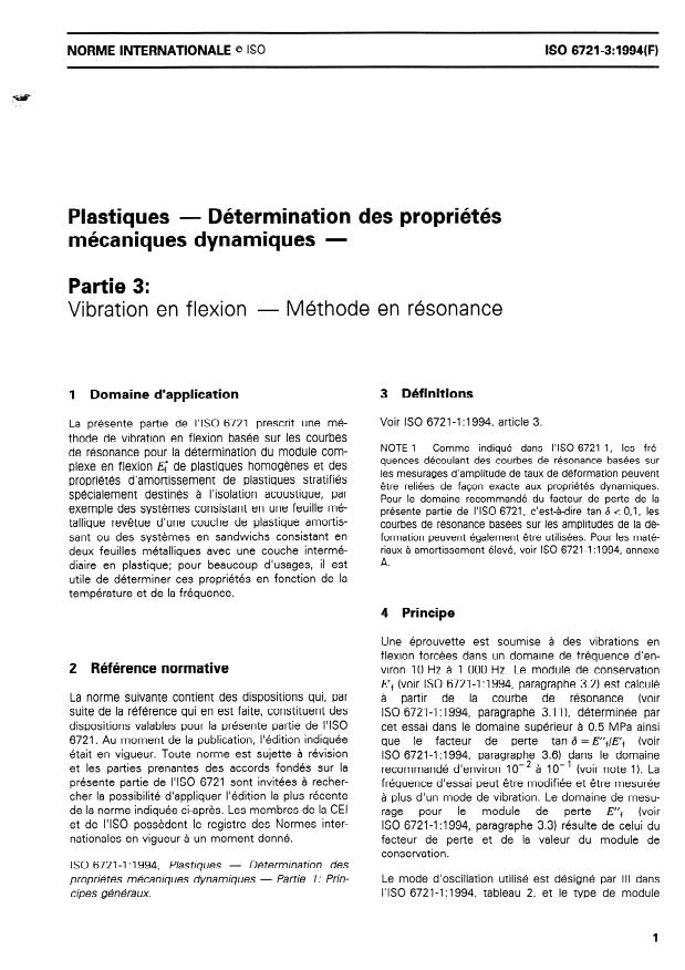 ISO 6721-3:1994 - Plastiques -- Détermination des propriétés mécaniques dynamiques
