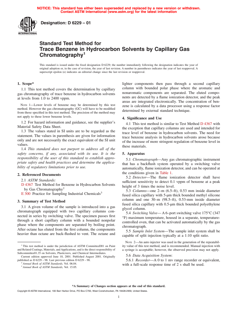 ASTM D6229-01 - Standard Test Method for Trace Benezene in Hydrocarbon Solvents by Capillary Gas Chromatography