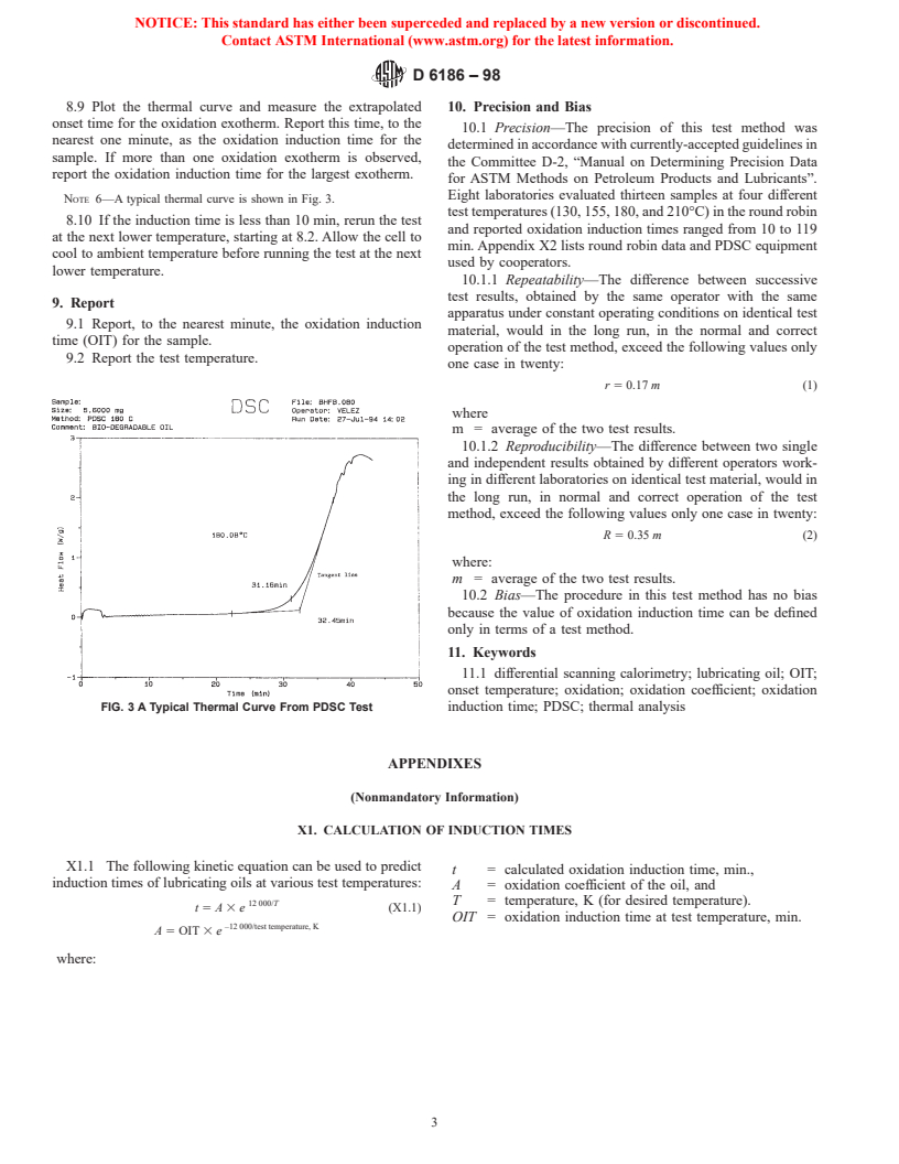 ASTM D6186-98 - Standard Test Method for Oxidation Induction Time of Lubricating Oils by Pressure Differential Scanning Calorimetry (PDSC)