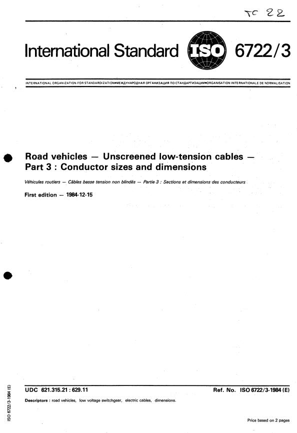 ISO 6722-3:1984 - Road vehicles -- Unscreened low-tension cables