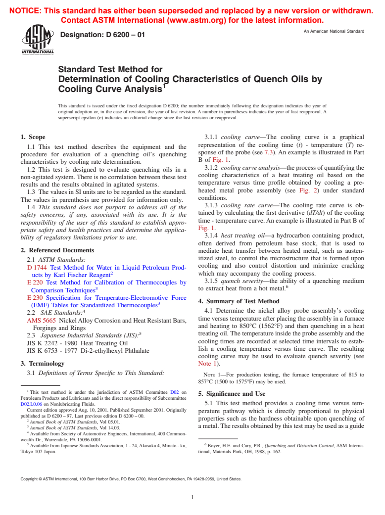 ASTM D6200-01 - Standard Test Method for Determination of Cooling Characteristics of Quench Oils by Cooling Curve Analysis