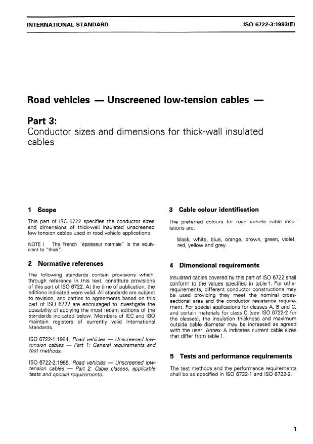 ISO 6722-3:1993 - Road vehicles -- Unscreened low-tension cables