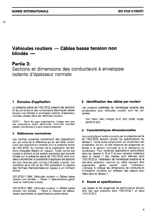 ISO 6722-3:1993 - Véhicules routiers -- Câbles basse tension non blindés