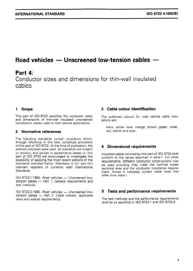 ISO 6722-4:1993 - Road vehicles -- Unscreened low-tension cables