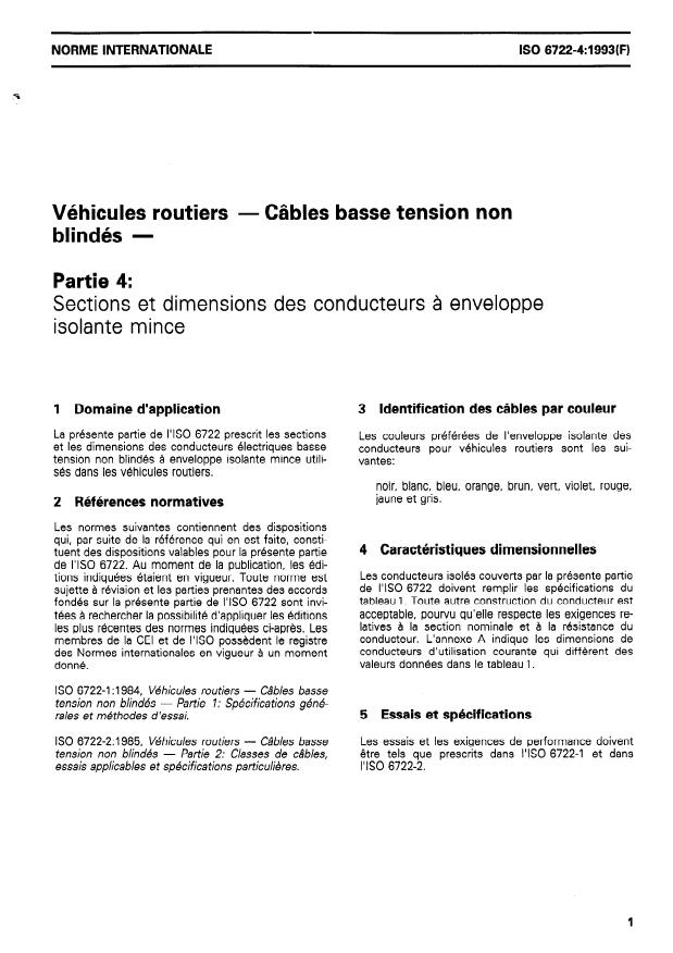 ISO 6722-4:1993 - Véhicules routiers -- Câbles basse tension non blindés