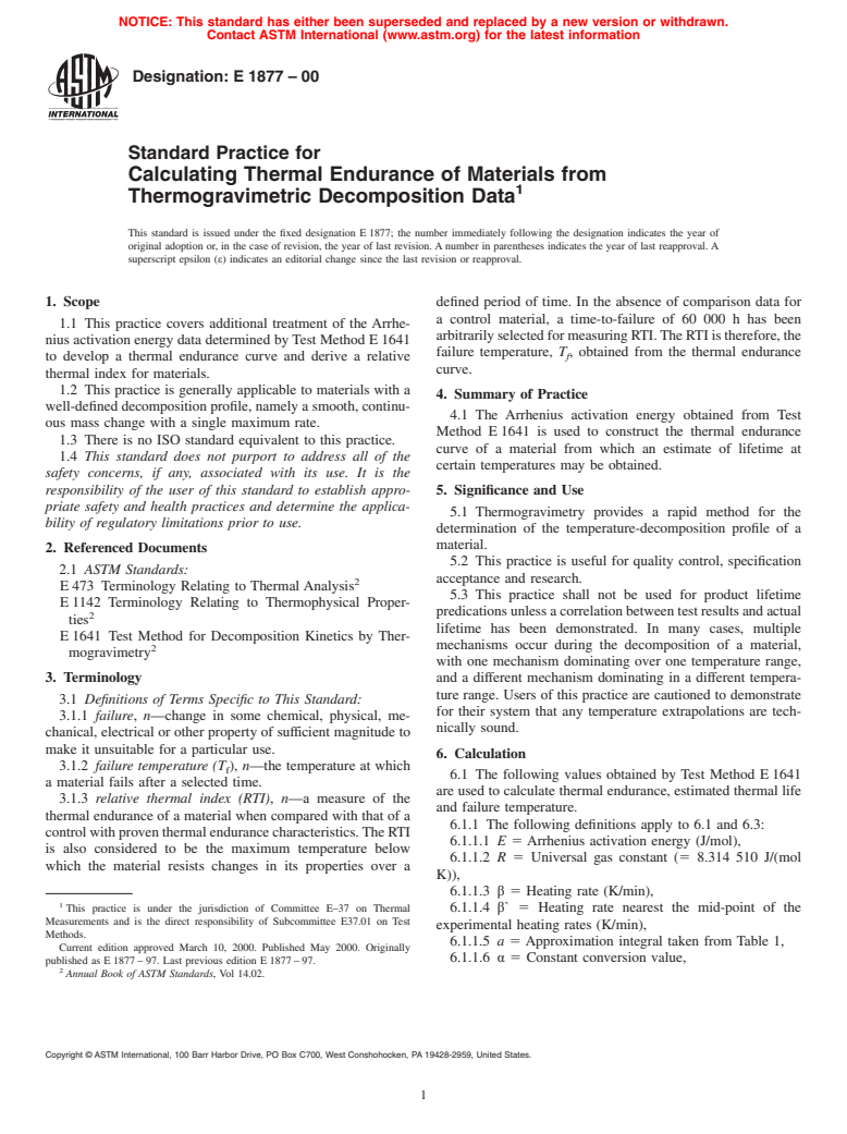 ASTM E1877-00 - Standard Practice for Calculating Thermal Endurance of Materials from Thermogravimetric Decomposition Data