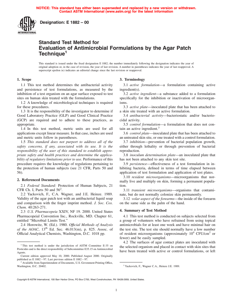 ASTM E1882-00 - Standard Test Method for Evaluation of Antimicrobial Formulations by the Agar Patch Technique