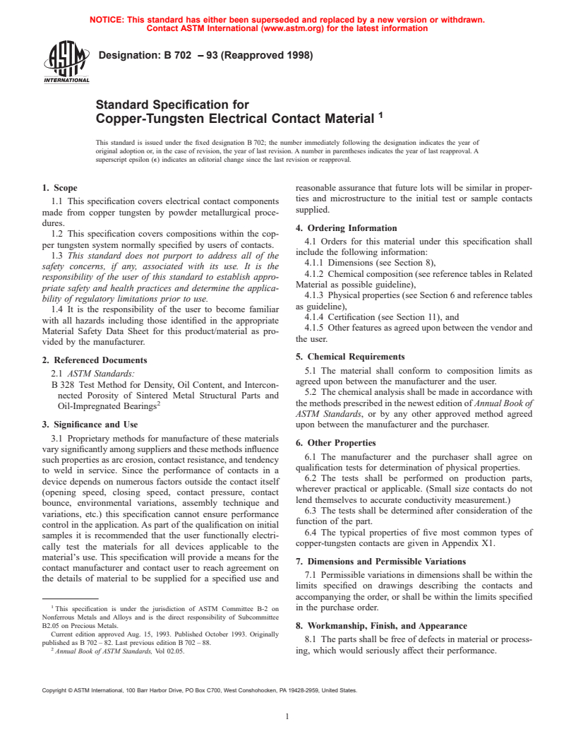 ASTM B702-93(1998) - Standard Specification for Copper-Tungsten Electrical Contact Material