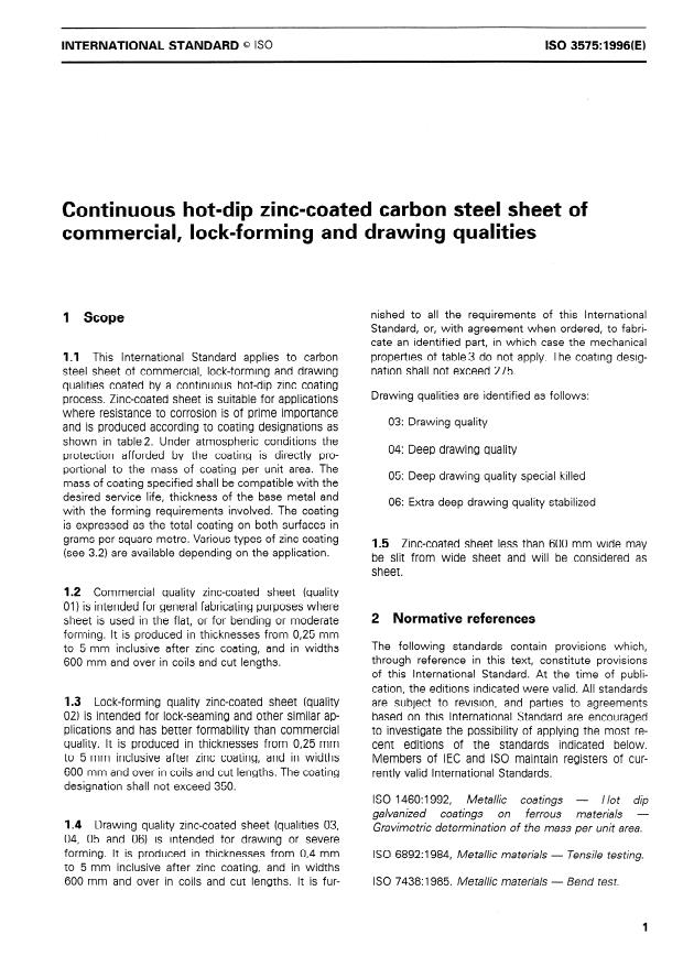 ISO 3575:1996 - Continuous hot-dip zinc-coated carbon steel sheet of commercial, lock-forming and drawing qualities