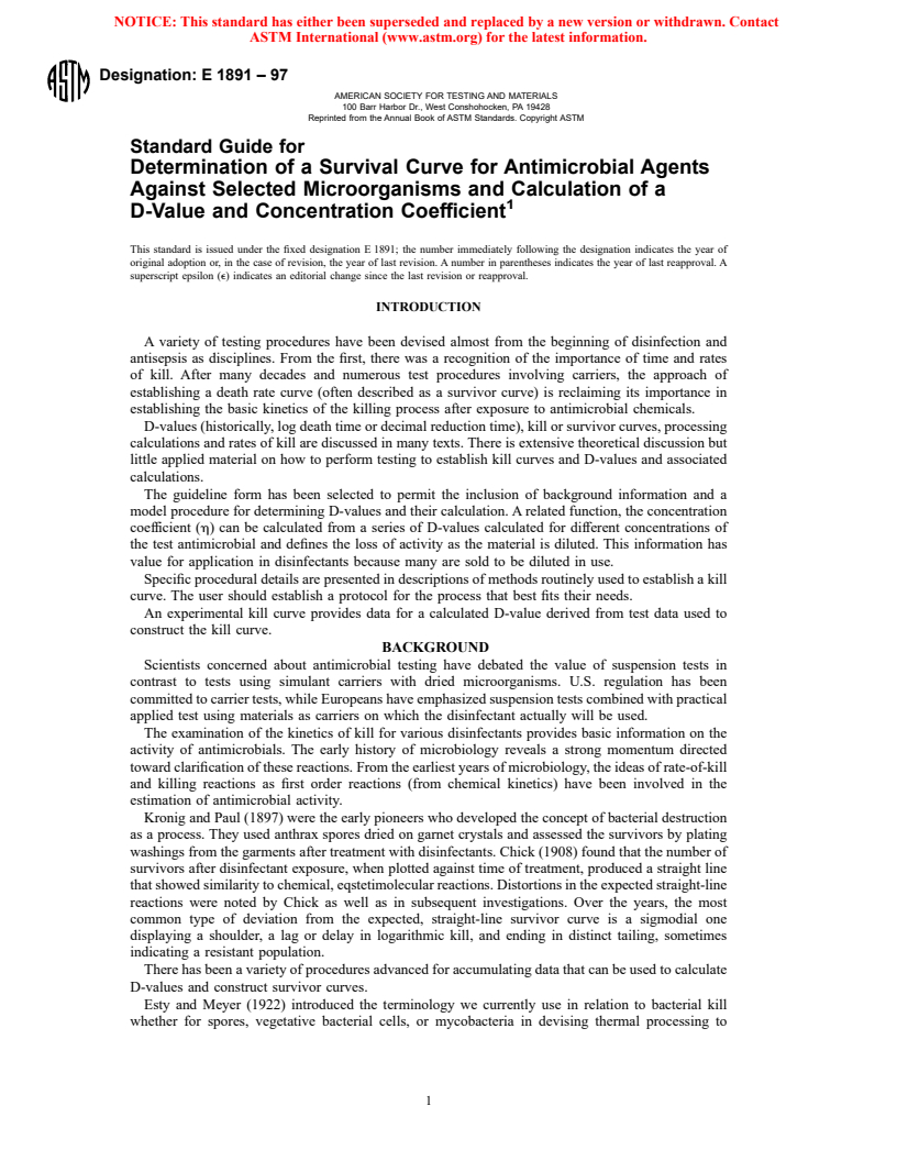 ASTM E1891-97 - Standard Guide for Determination of a Survival Curve for Antimicrobial Agents Against Selected Microorganisms and Calculation of a D-Value and Concentration Coefficient