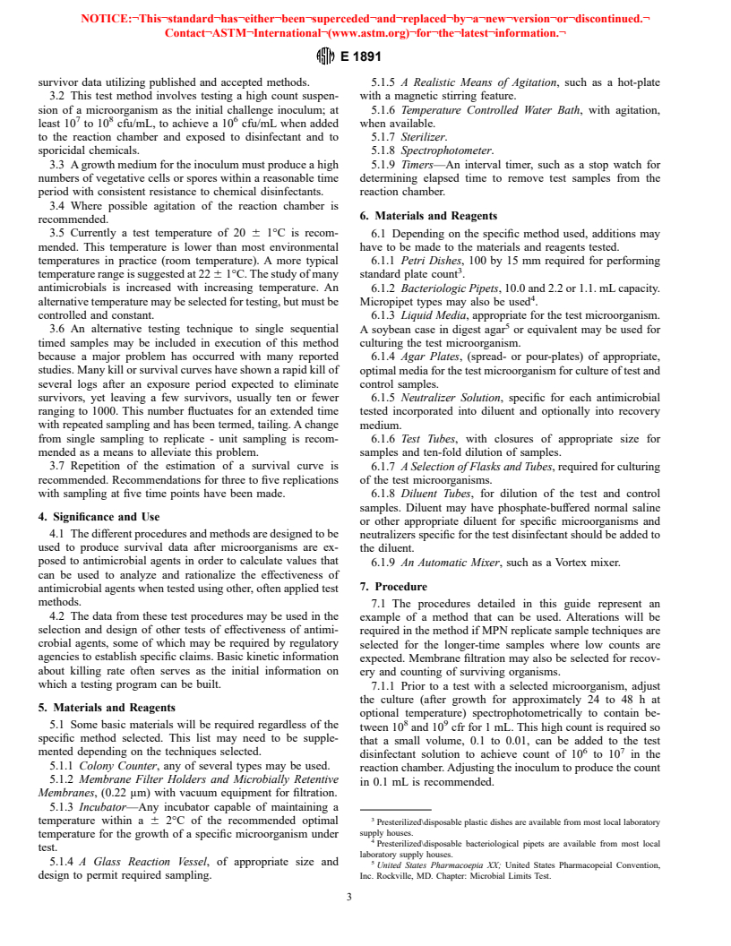 ASTM E1891-97 - Standard Guide for Determination of a Survival Curve for Antimicrobial Agents Against Selected Microorganisms and Calculation of a D-Value and Concentration Coefficient