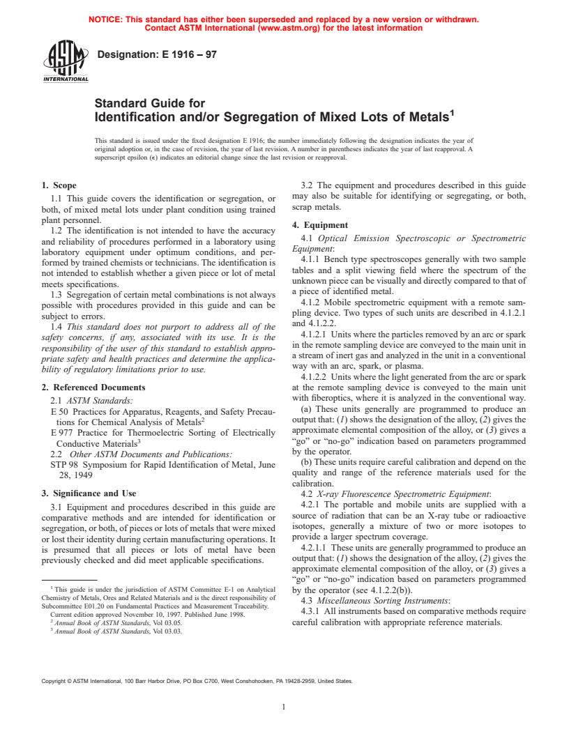 ASTM E1916-97 - Standard Guide for Identification and/or Segregation of Mixed Lots of Metals