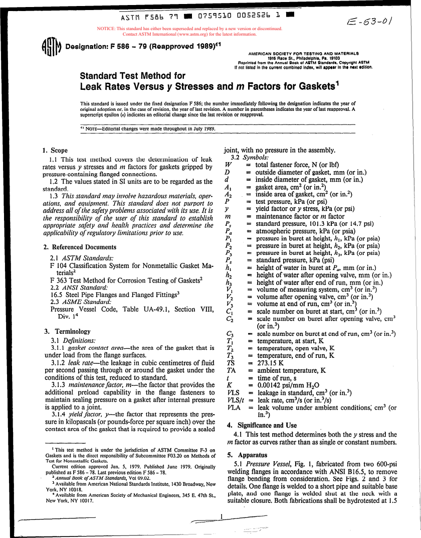 ASTM F586-79(1989)E01 - Test Method for Leak Rates Versus Y Stresses and M Factors for Gaskets (Withdrawn 1998)