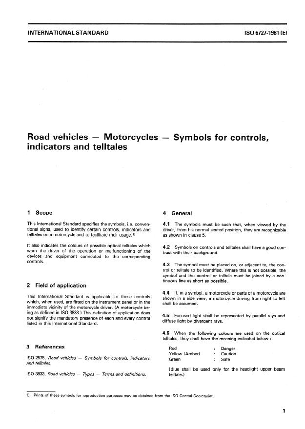 ISO 6727:1981 - Road vehicles -- Motorcycles -- Symbols for controls, indicators and telltales
