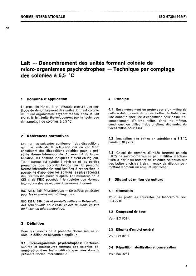 ISO 6730:1992 - Lait -- Dénombrement des unités formant colonie de micro-organismes psychrotrophes -- Technique par comptage des colonies a 6,5 degrés C