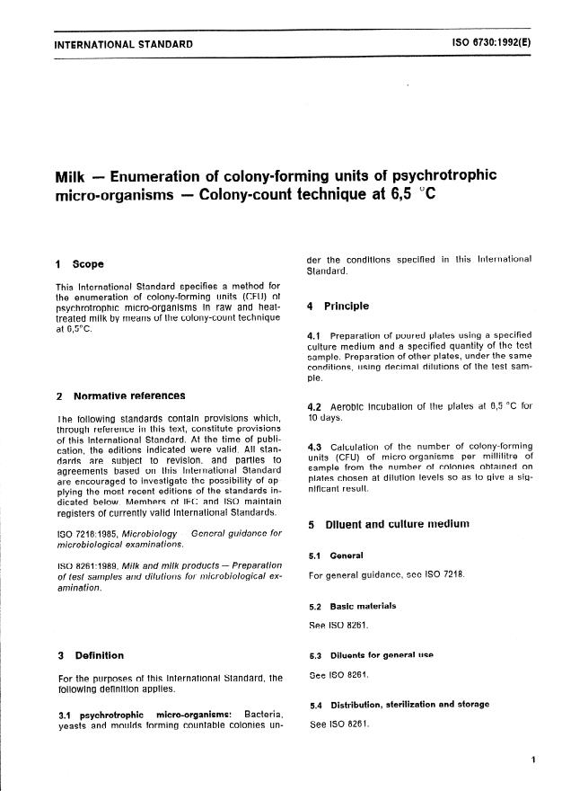 ISO 6730:1992 - Milk -- Enumeration of colony-forming units of psychrotrophic micro-organisms -- Colony-count technique at 6,5 degrees C