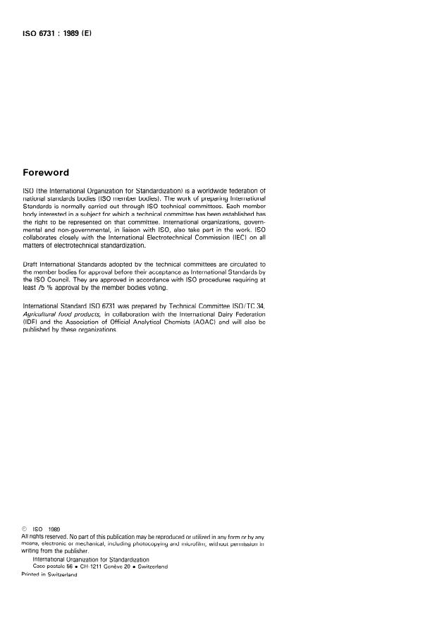 ISO 6731:1989 ISO 6731:1989 - Milk, cream and evaporated milk -- Determination of total solids content (Reference method) - Page 2 preview