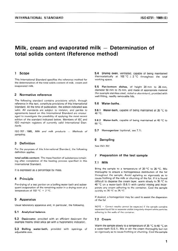ISO 6731:1989 - Milk, cream and evaporated milk -- Determination of total solids content (Reference method)