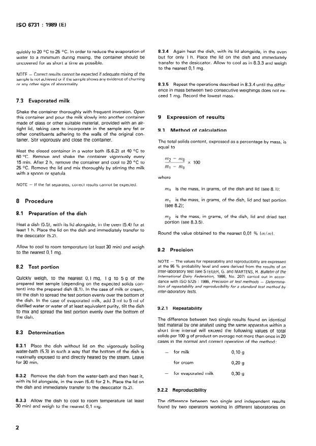 ISO 6731:1989 ISO 6731:1989 - Milk, cream and evaporated milk -- Determination of total solids content (Reference method) - Page 4 preview