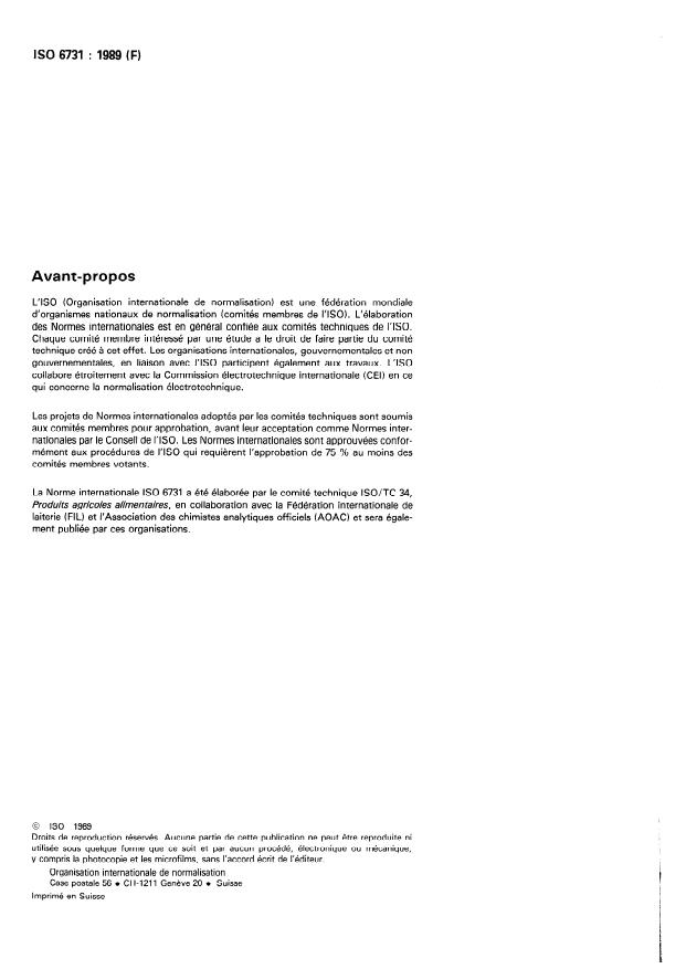 ISO 6731:1989 ISO 6731:1989 - Lait, creme et lait concentré non sucré -- Détermination de la matiere seche (Méthode de référence) - Page 2 preview