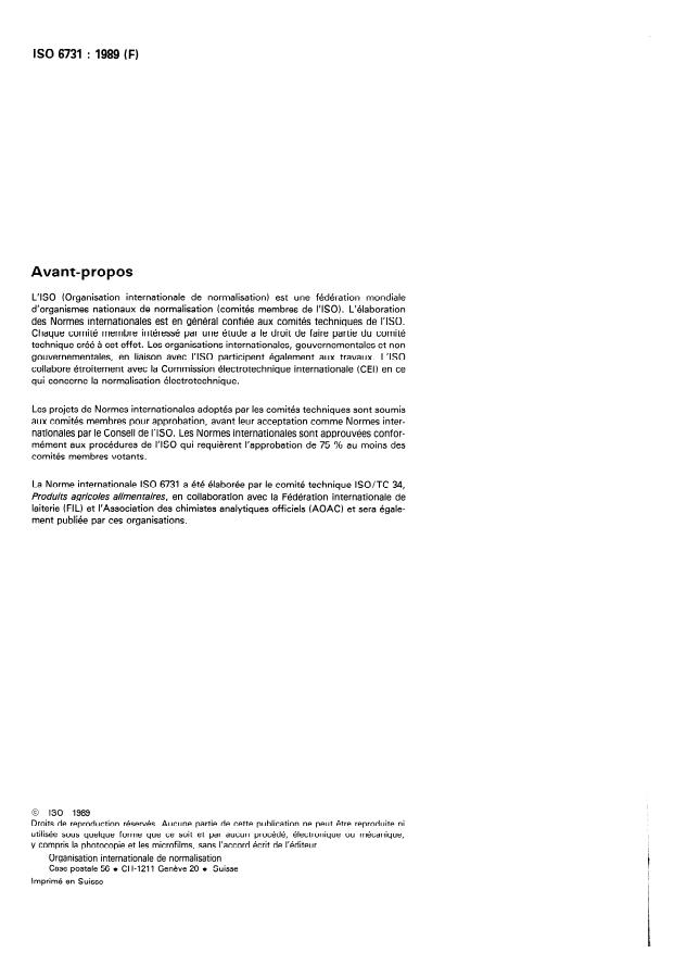 ISO 6731:1989 ISO 6731:1989 - Lait, creme et lait concentré non sucré -- Détermination de la matiere seche (Méthode de référence) - Page 2 preview