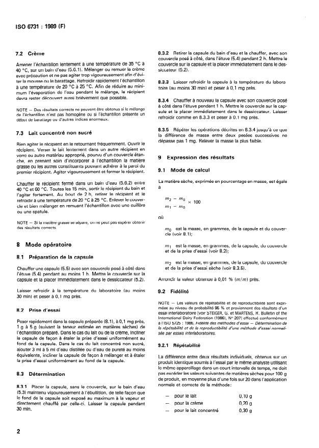 ISO 6731:1989 ISO 6731:1989 - Lait, creme et lait concentré non sucré -- Détermination de la matiere seche (Méthode de référence) - Page 4 preview