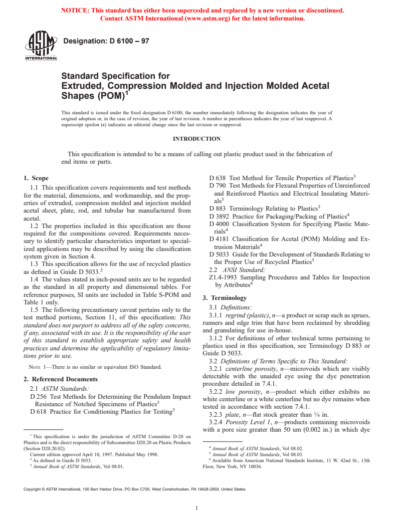 ASTM D6100-97 - Standard Specification for Extruded, Compression Molded and Injection Molded Acetal Shapes (POM)