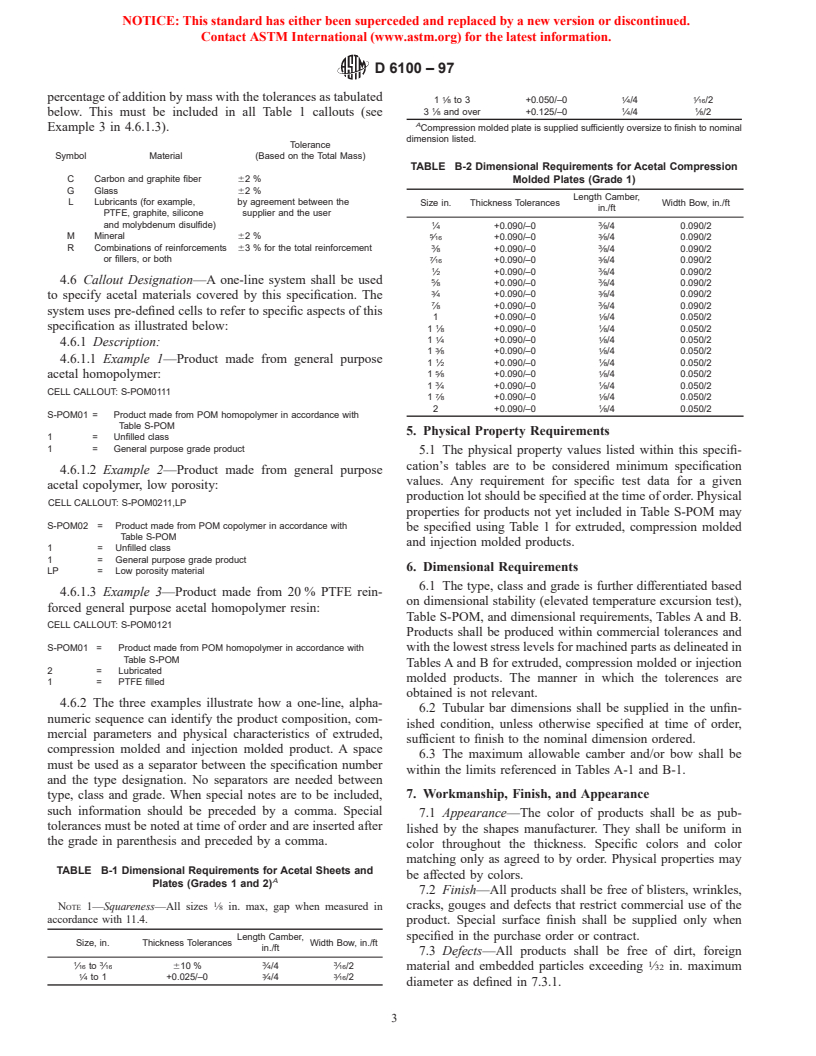 ASTM D6100-97 - Standard Specification for Extruded, Compression Molded and Injection Molded Acetal Shapes (POM)