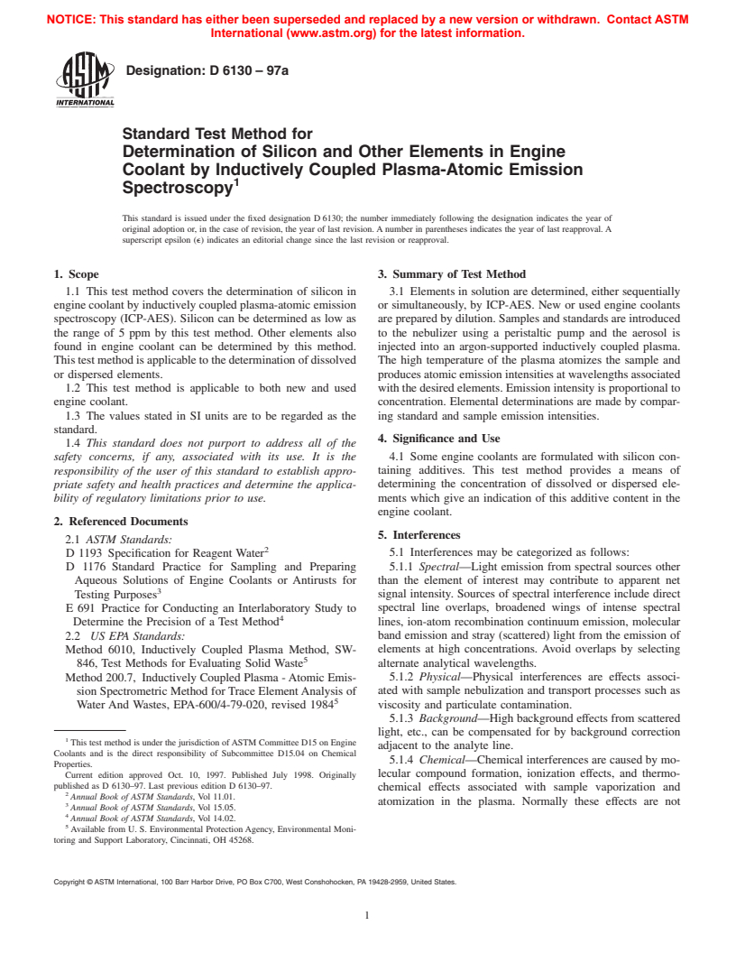 ASTM D6130-97a - Standard Test Method for Determination of Silicon and Other Elements in Engine Coolant by Inductively Coupled Plasma-Atomic Emission Spectroscopy