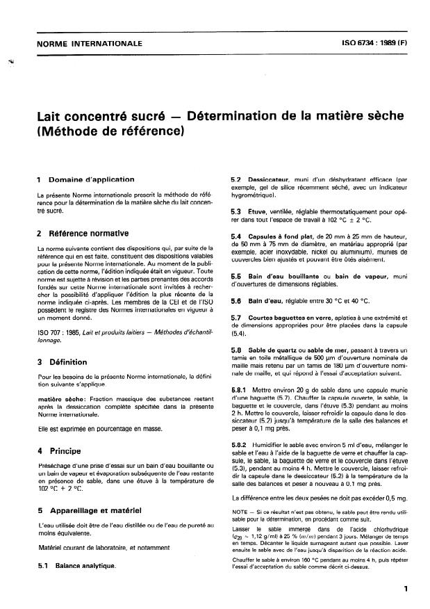 ISO 6734:1989 - Lait concentré sucré -- Détermination de la matiere seche (Méthode de référence)