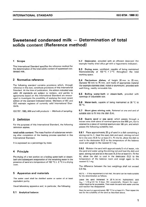 ISO 6734:1989 - Sweetened condensed milk -- Determination of total solids content (Reference method)