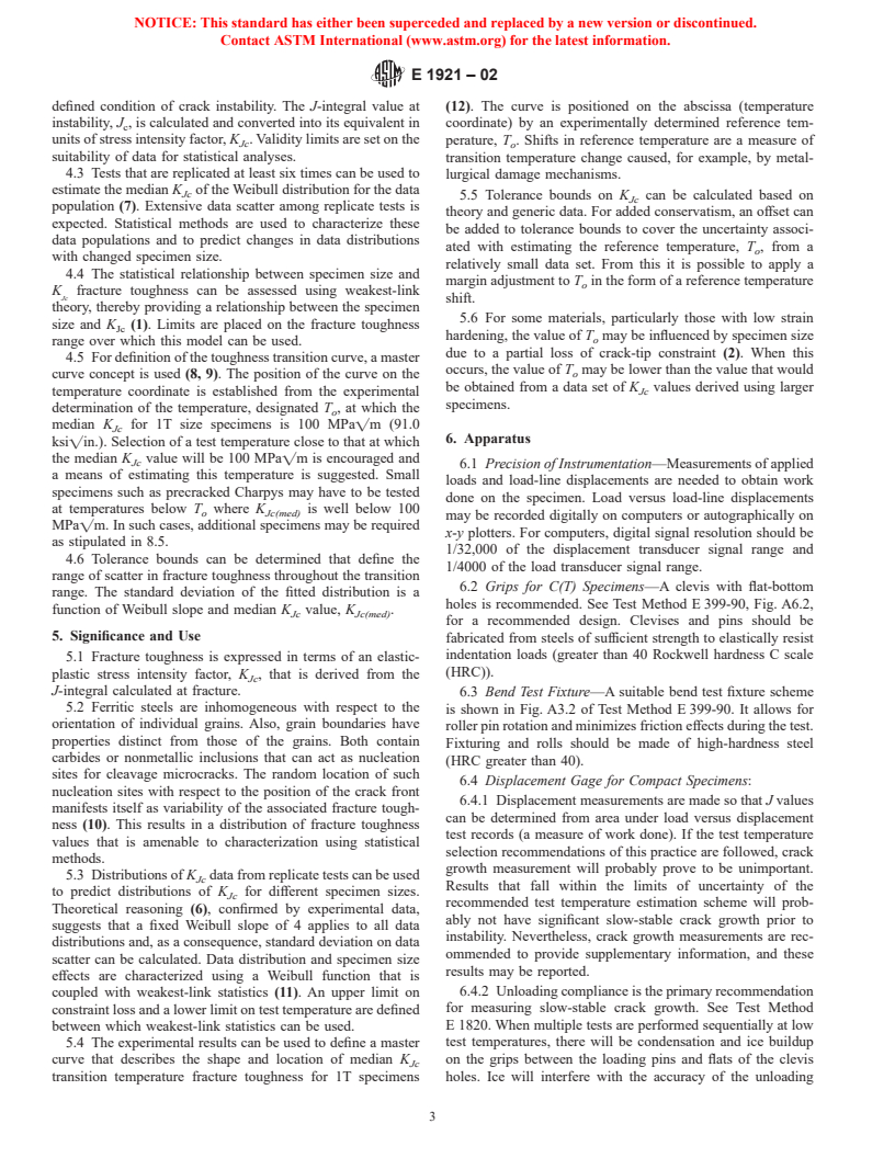 ASTM E1921-02 - Standard Test Method for Determination of Reference Temperature, T<sub>o</sub>, for Ferritic Steels in the Transition Range