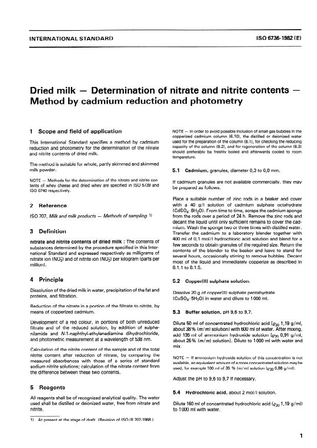 ISO 6736:1982 - Dried milk -- Determination of nitrate and nitrite contents -- Method by cadmium reduction and photometry