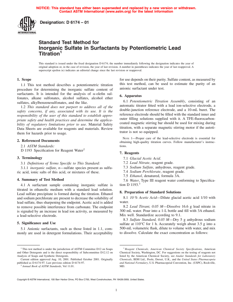 ASTM D6174-01 - Standard Test Method for Inorganic Sulfate in Surfactants by Potentiometric Lead Titration