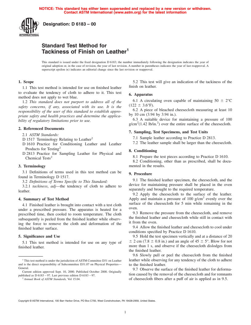 ASTM D6183-00 - Standard Test Method for Tackiness of Finish on Leather