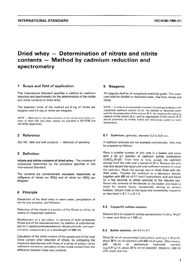 ISO 6740:1985 - Dried whey -- Determination of nitrate and nitrite contents -- Method by cadmium reduction and spectrometry