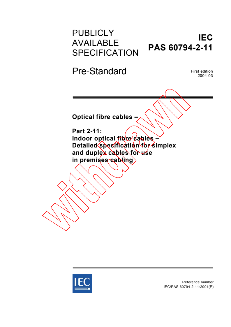 IEC PAS 60794-2-11:2004 - Optical fibre cables - Part 2-11: Indoor optical fibre cables - Detailed specification for simplex and duplex cables for use in premises cabling
Released:3/10/2004
Isbn:2831874092