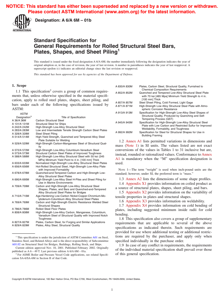 ASTM A6/A6M-01b - Standard Specification for General Requirements for Rolled Structural Steel Bars, Plates, Shapes, and Sheet Piling