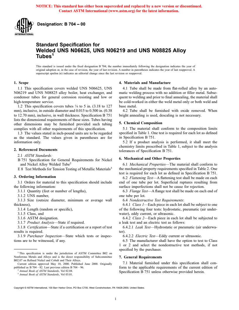 ASTM B704-00 - Standard Specification for Welded UNS N06625, UNS N06219 and UNS N08825 Alloy Tubes