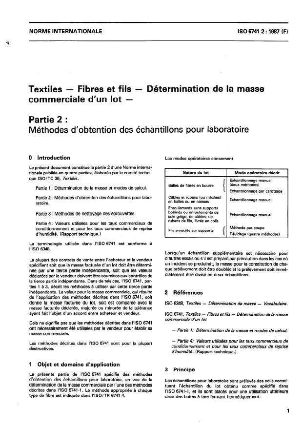 ISO 6741-2:1987 - Textiles -- Fibres et fils -- Détermination de la masse commerciale d'un lot