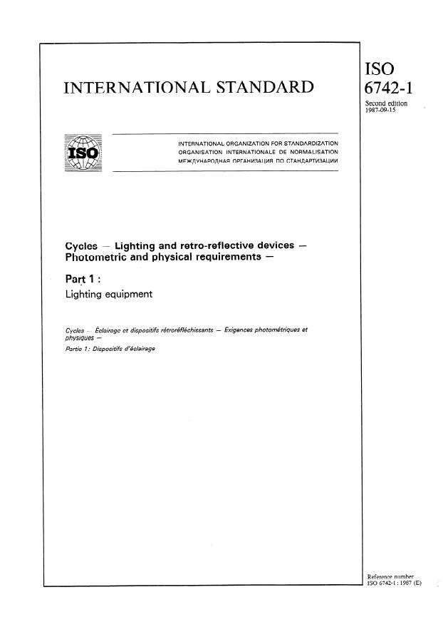 ISO 6742-1:1987 - Cycles -- Lighting and retro-reflective devices -- Photometric and physical requirements