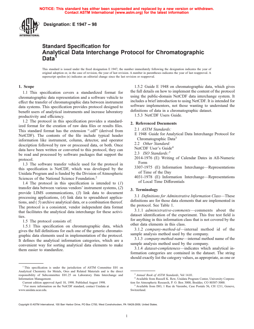 ASTM E1947-98 - Standard Specification for Analytical Data Interchange Protocol for Chromatographic Data