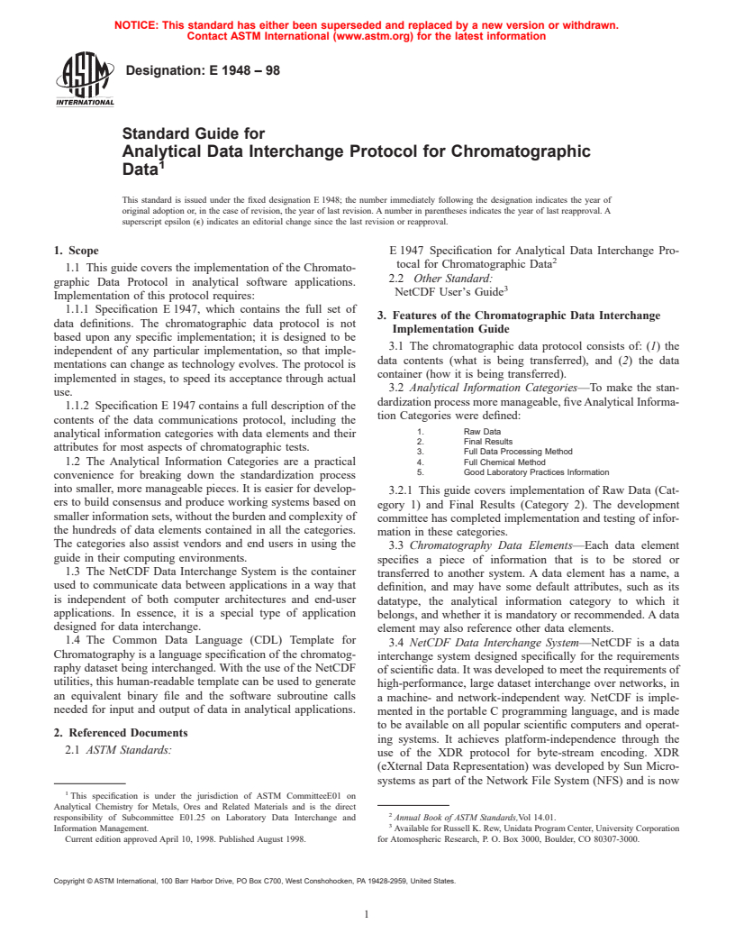 ASTM E1948-98 - Standard Guide for Analytical Data Interchange Protocol for Chromatographic Data