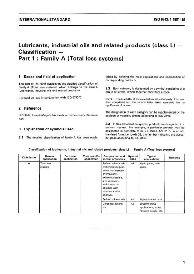 ISO 6743-1:1981 - Lubricants, industrial oils and related products (class L) -- Classification