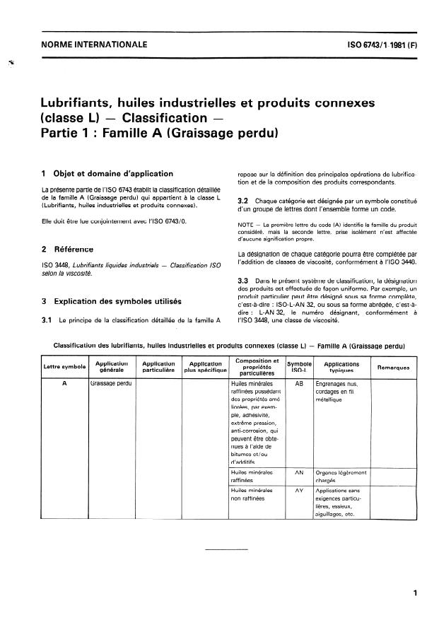 ISO 6743-1:1981 - Lubrifiants, huiles industrielles et produits connexes (classe L) -- Classification
