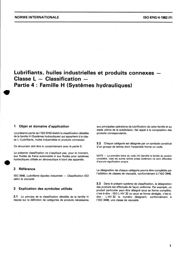 ISO 6743-4:1982 - Lubrifiants, huiles industrielles et produits connexes -- Classe L -- Classification