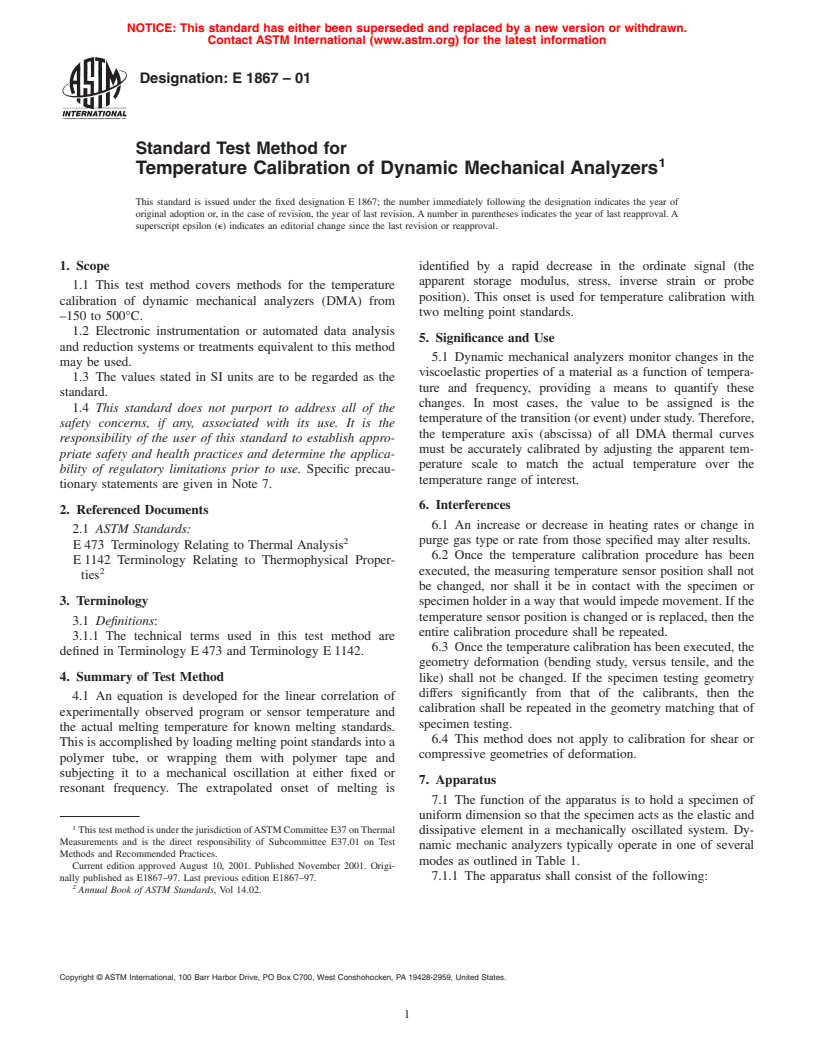 ASTM E1867-01 - Standard Test Method for Temperature Calibration of Dynamic Mechanical Analyzers