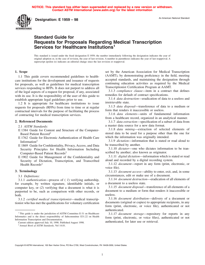 ASTM E1959-98 - Standard Guide for Requests for Proposals Regarding Medical Transcription Services for Healthcare Institutions